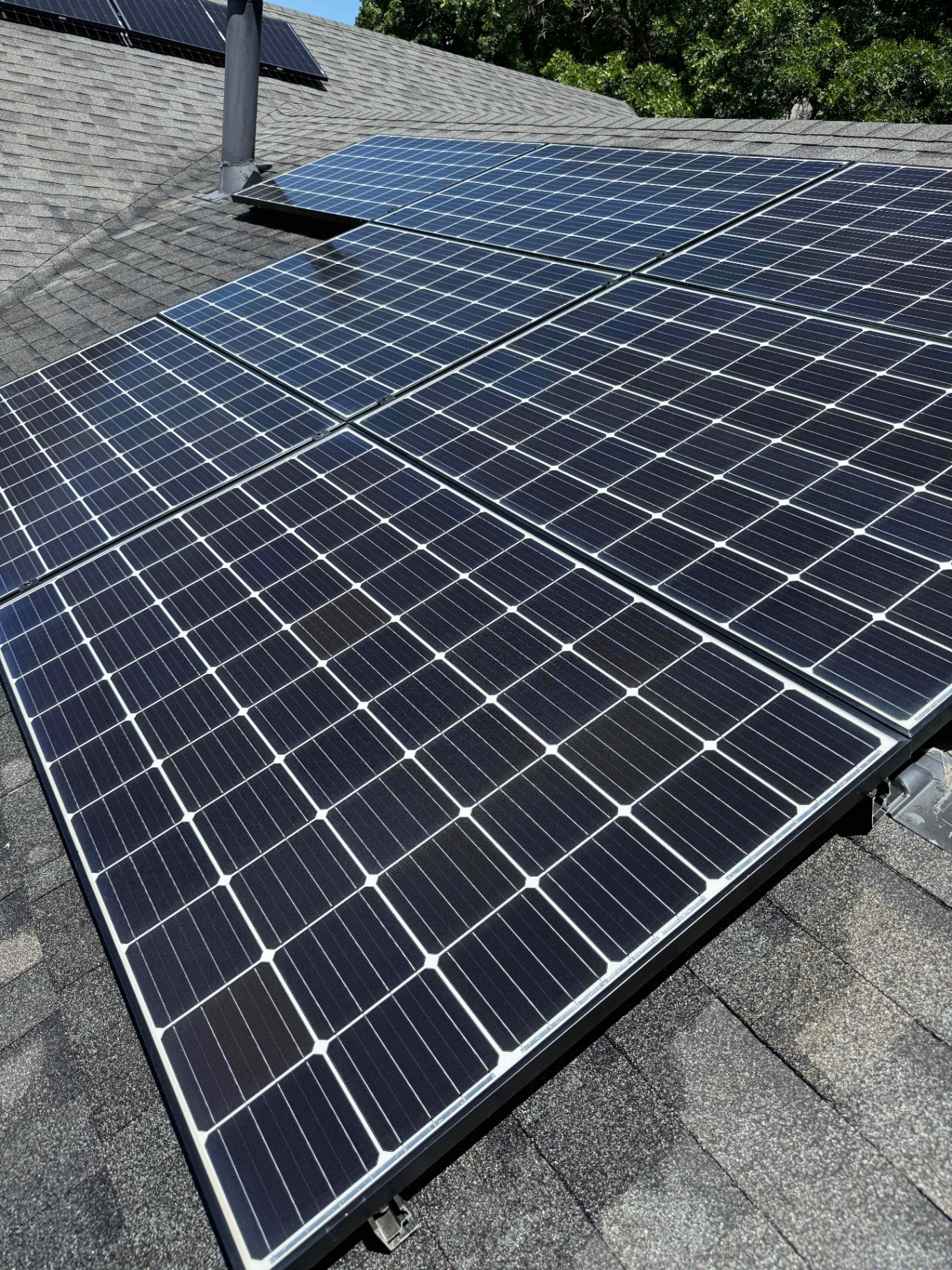 Close-up of clean solar panels on a shingle roof